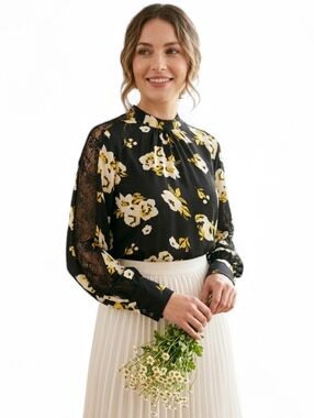 Cleo Black & Yellow Floral Blouse with Lace Sleeve Inset - Size M